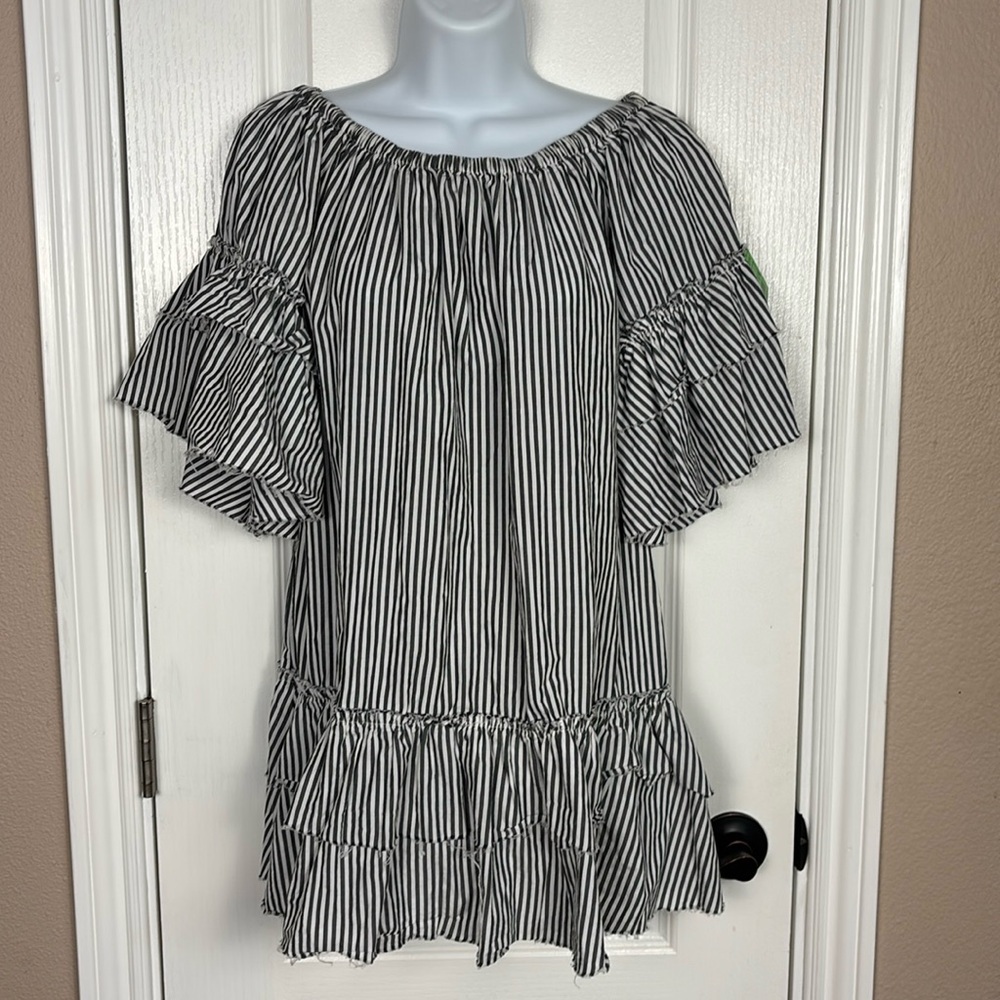 Zara Woman Tiered Strips Raw Edges Off Shoulder Butterfly Sleeve Top Dress Small